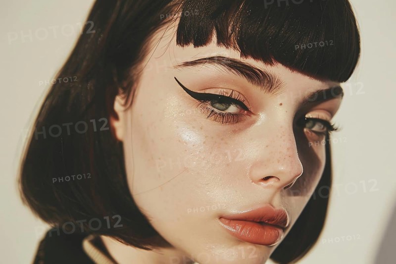 Face of young attractive woman with thick winged eyeliner makeup and dark hair with short bangs. Generative Ai, AI generated