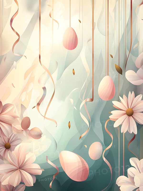 Surreal Easter scene with floating eggs, ribbons, and flowers in a dreamlike, whimsical composition of light and shadow, AI generated