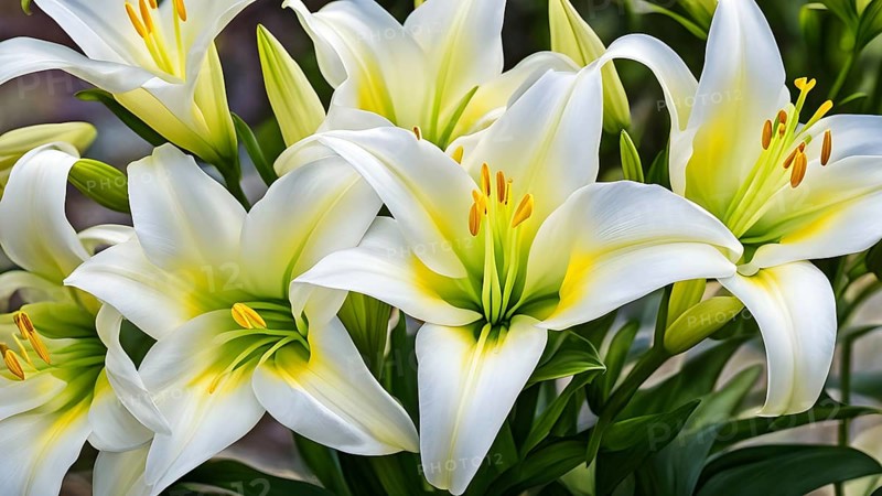 Blooming Easter lilies with soft white petals and a yellow center, bathed in gentle sunlight, AI generated