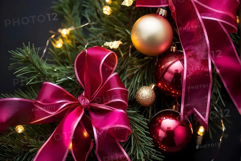 Christmas garland with gold and magenta ribbons intertwined with pine needles and tiny twinkling lights, creating a luxurious, festive feel, AI generated