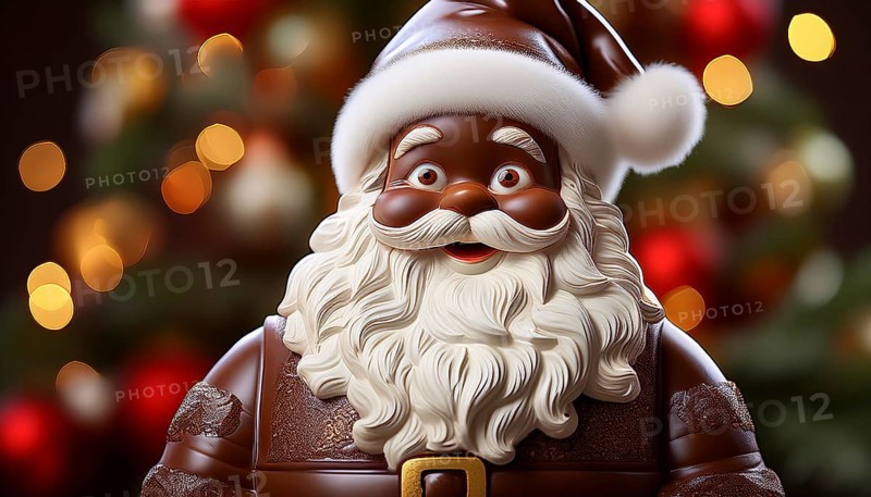 Cheerful chocolate Father Christmas in front of a Christmas background, AI-generated image, AI generated