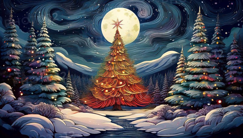 Illustration of a Christmas tree in a snowy landscape on a starry night with a full moon, AI-generated image, AI generated