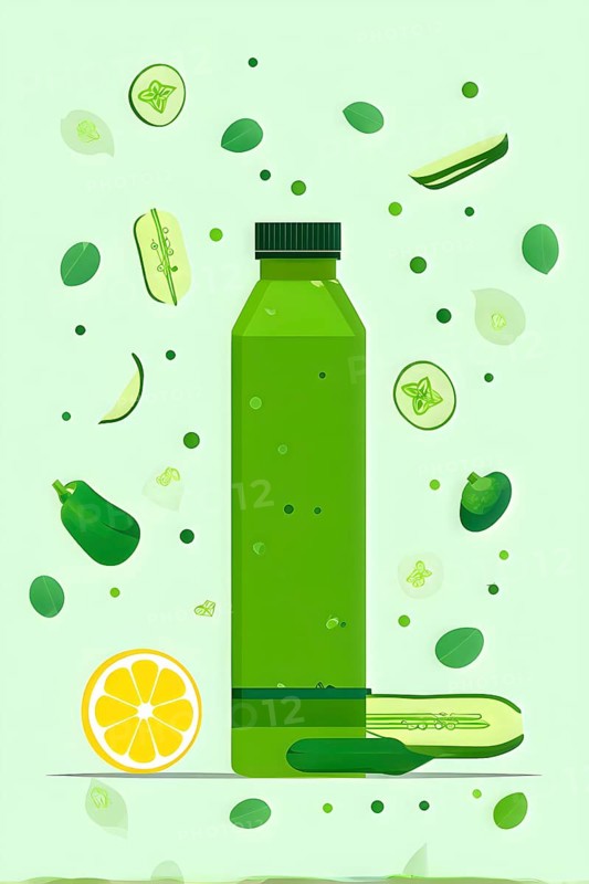Abstract wallpaper composition with bottle of delicious green detox juice and fruits and vegetables, AI generated