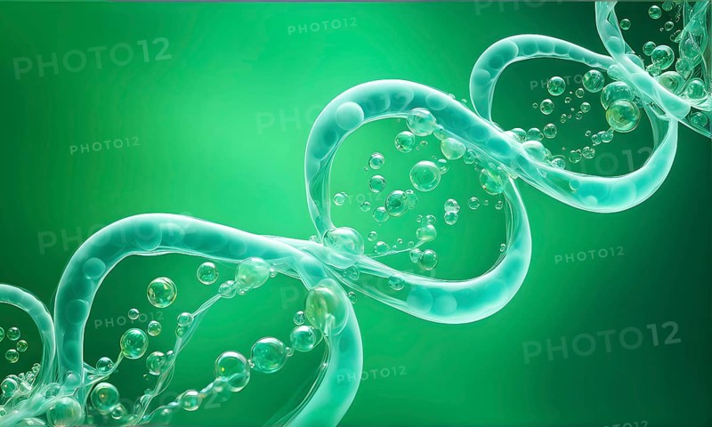 Helix shaped structure bathed in vibrant green color interconnected with a string of iridescent bubbles, AI generated