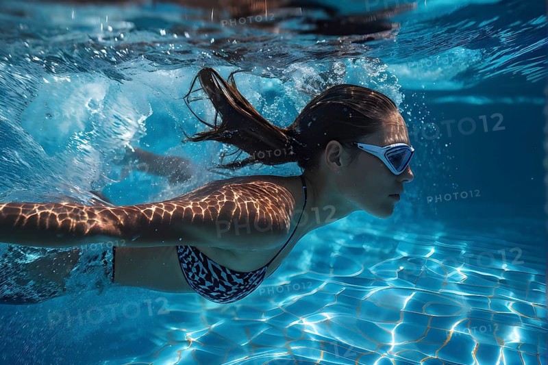 Female athlete in an innovative swimsuit emulating shark skins textures, AI generated