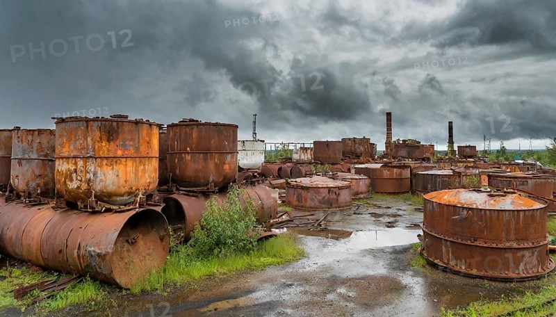 Rusty tanks and metal parts on an abandoned junkyard with puddles and clouds, symbol photo, AI generated, AI generated
