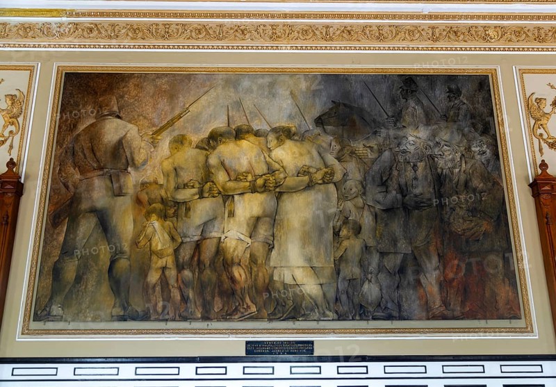 Painting 'Ventas de Indios', 'Selling of Indians' by Fernando Castro Pacheco, Palacio de Gobierno, Merida, Yucatan State, Mexico, Central America