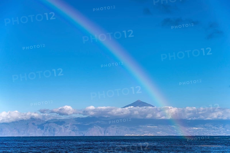 Rainbow and view of Tenerife and Mount Teide, Hermigua, La Gomera, Canary Islands, Spain, Europe
