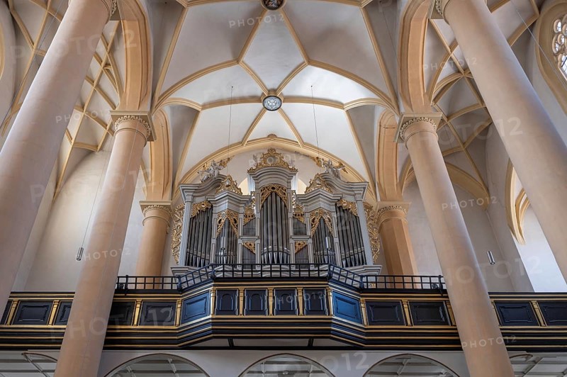 Organ loft, organ built in 1751 by the organ builder Johann Philipp Seuffert, St Vitus Church, 16th century, Iphofen, Lower Franconia, Bavaria, Germany, Europe