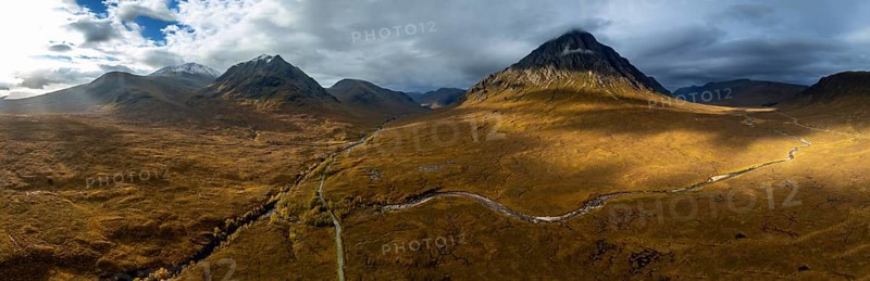 Morning light, cloudy mood, sunbeams, moor, mountain landscape, aerial view, road, autumn, panorama, Glen Etive Road, view of Buachaille Etive Mòr, Glencoe, Scottish Highlands, Scotland, Great Britain