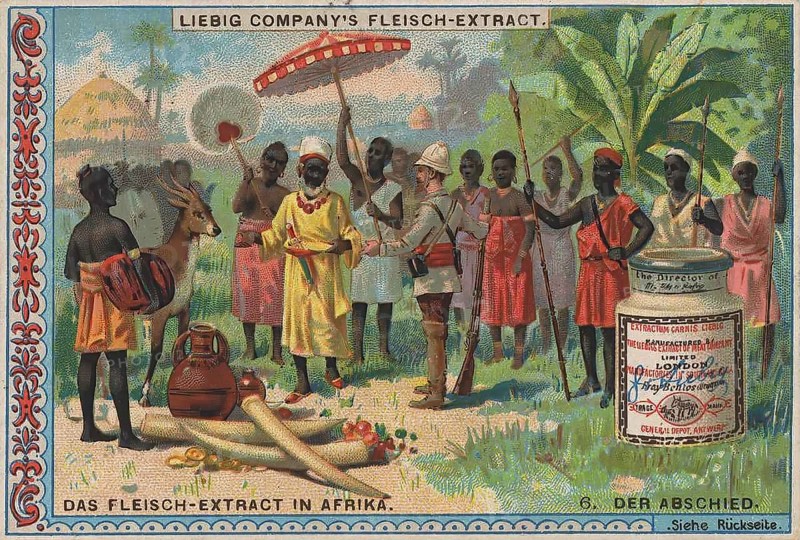 Series Export of Liebig meat extract to Africa, the farewell of the white traders from the tribe of the natives, Liebig picture, digitally restored reproduction of a collector's picture from ca 1900, public domain, exact date unknown, farewell scene with natives in traditional dress