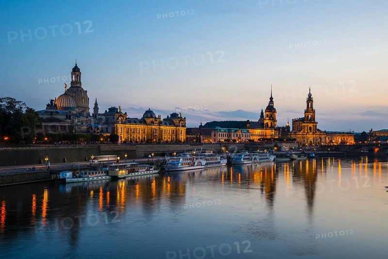 Panorama over the Elbe, from left to right: Academy of Fine Arts, Bruehl's Terrace, Sekundogenitur, Hausmannsturm of the castle, Staendehaus, Court Cathedral, Semper Opera House and Augustus Bridge, Dresden, Free State of Saxony, Germany, Europe