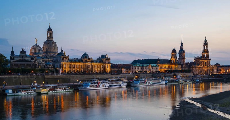 Panorama over the Elbe, from left to right: Academy of Fine Arts, Bruehl's Terrace, Sekundogenitur, Hausmannsturm of the castle, Staendehaus and court cathedral, Dresden, Free State of Saxony, Germany, Europe