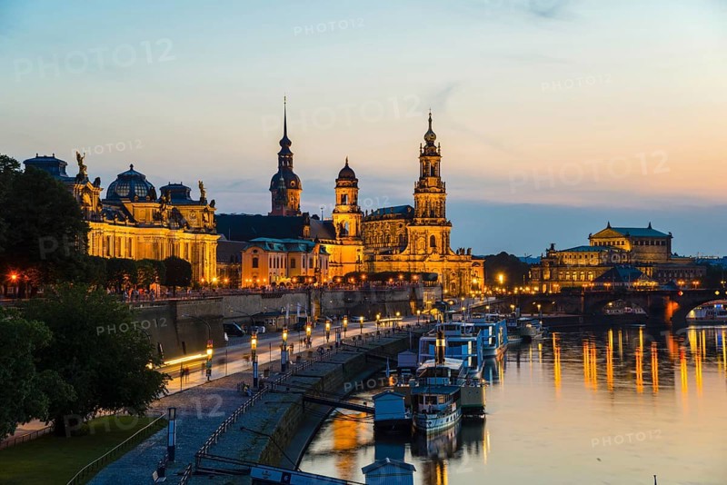 Panorama over the Elbe, from left to right: Bruehl's Terrace, Sekundogenitur, Hausmannsturm of the castle, Staendehaus, Court Cathedral, Semper Opera House and Augustus Bridge, Dresden, Free State of Saxony, Germany, Europe