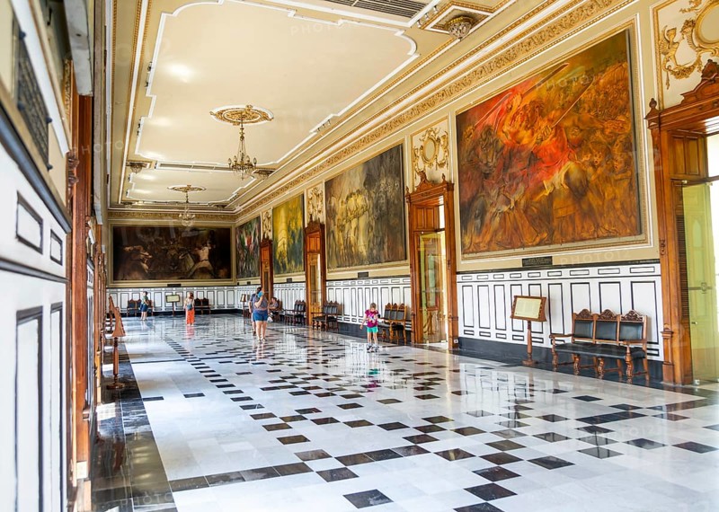 Historic hall with paintings by Fernando Castro Pacheco, Palacio de Gobierno, Merida, Yucatan State, Mexico, Central America