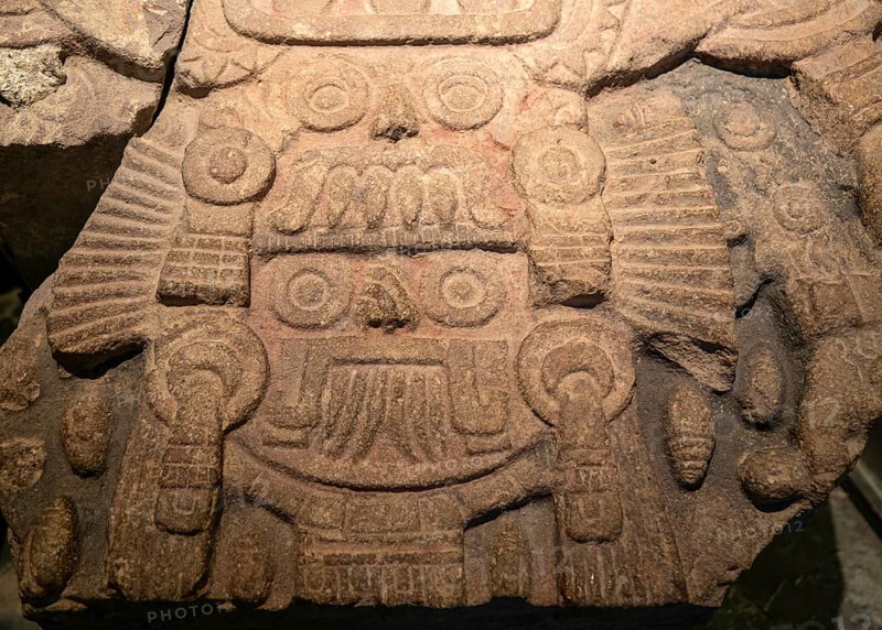 Carved stone monument depicting Tlaloc and Tlaltecuhtli, gods of rain and Earth, archaeological site and museum of Templo Mayor, Mexico City, Mexico, Central America