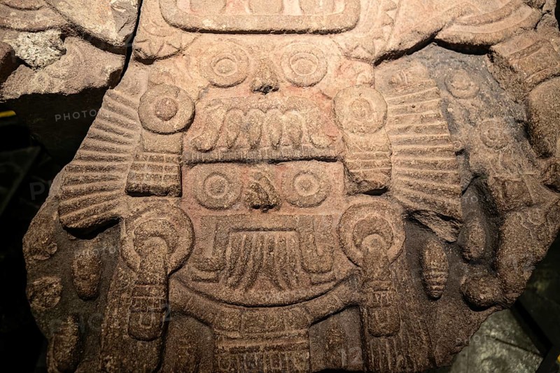 Carved stone monument depicting Tlaloc and Tlaltecuhtli, gods of rain and Earth, archaeological site and museum of Templo Mayor, Mexico City, Mexico, Central America