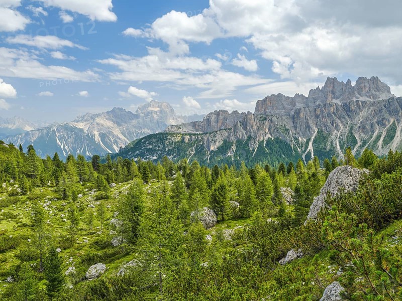 On the way to the Cinque Torri, view of the surrounding mountains, Dolomites, Cortina d'Ampezzo, Belluno, Veneto, Italy, Europe