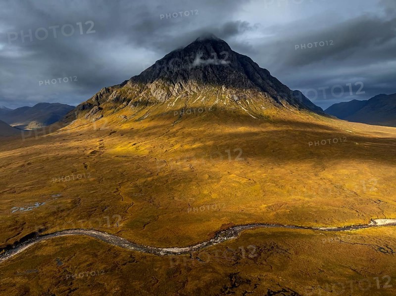 Morning light, cloudy mood, sunbeams, river, mountain landscape moor, aerial view, autumn, view of Buachaille Etive Mòr, Glencoe, Scottish Highlands, Scotland, Great Britain