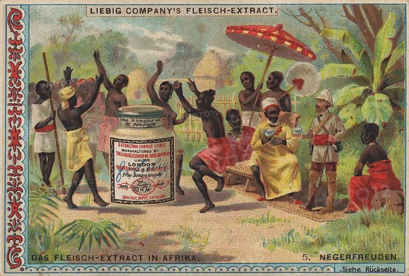 Series Export of Liebig meat extract to Africa, the joy of the Negroes about the product, Liebig picture, digitally restored reproduction of a collector's picture from ca 1900, public domain, exact date unknown, dance scene with natives around a product