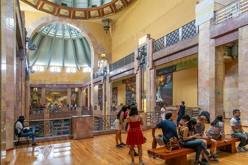 People viewing artwork murals inside Palacio de Bellas Artes, Palace of Fine Arts, Mexico City, Mexico, Central America