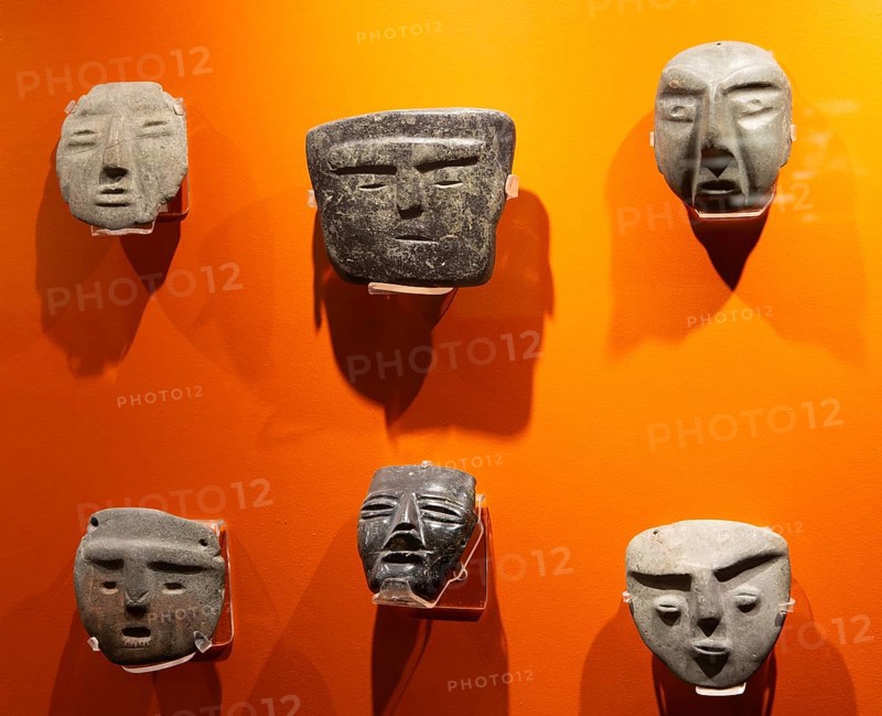 Display of masks, archaeological site and museum of Templo Mayor, Mexico City, Mexico, Central America