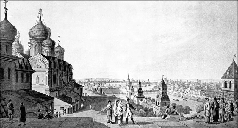 Historic drawing, 19 Century, 1807, cityscape of Moscow, Russia, Europe, Historische Zeichnung, Stadtansicht von Moskau um 1807, Russland, 19. Jahrhundert, Europe