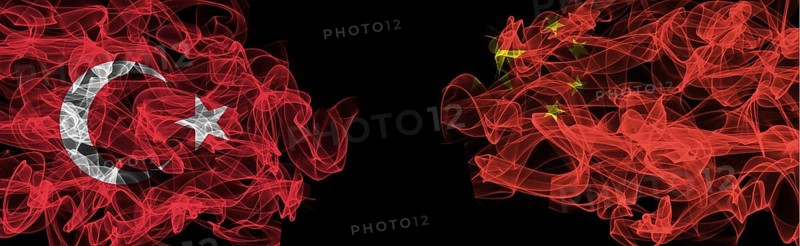 Flags of Turkey and China on Black background, Turkey vs China Smoke Flags