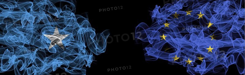 Flags of Somalia and EU on Black background, Somalia vs Europe Union Smoke Flags