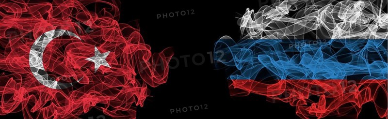 Flags of Turkey and Russia on Black background, Turkey vs Russia Smoke Flags