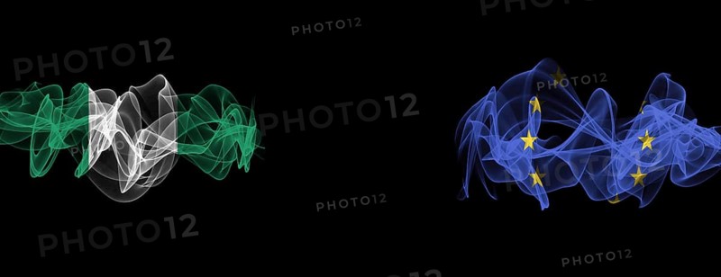 Flags of Nigeria and EU on Black background, Nigeria vs Europe Union Smoke Flags