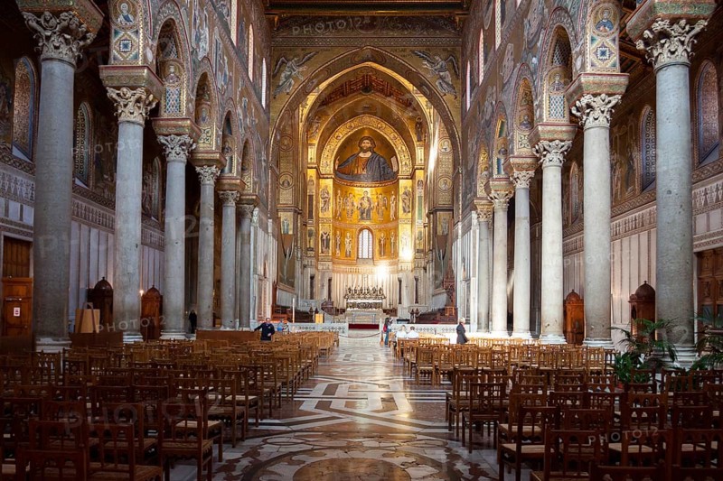 Lavish interior of the Cathedral of Santa Maria Nuova. Monreale, Sicily. Italy