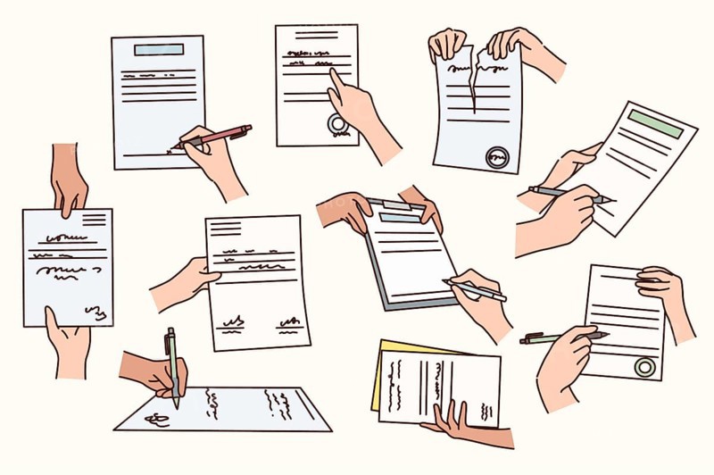 Set of diverse people hands put signature close contract or make agreement. Collection of person sign or dissolve paperwork. Negotiation and official document. illustration