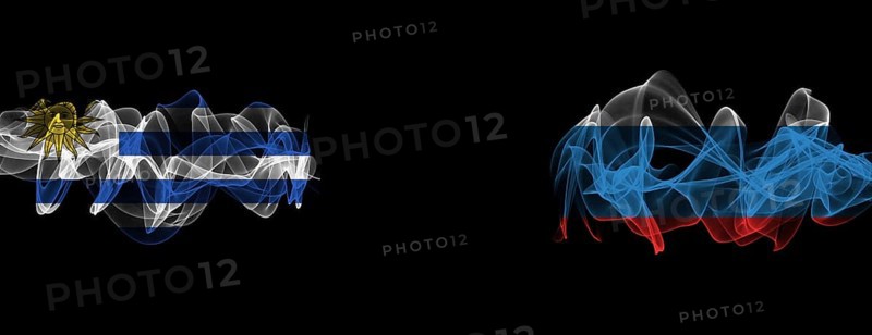 Flags of Uruguay and Russia on Black background, Uruguay vs Russia Smoke Flags