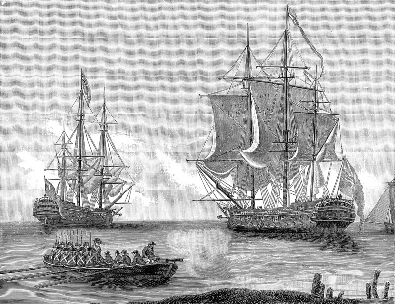 Historical illustration, Different types of English warships, early 19th Century, verschiedene Typen von englischen Kriegsschiffen, Anfang 19. Jahrhundert