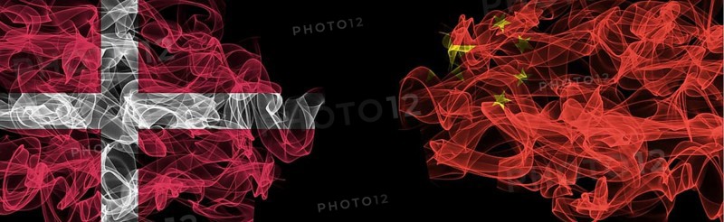 Flags of Denmark and China on Black background, Denmark vs China Smoke Flags
