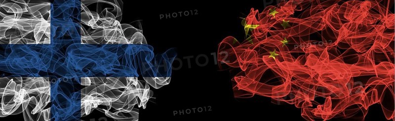 Flags of Finland and China on Black background, Finland vs China Smoke Flags