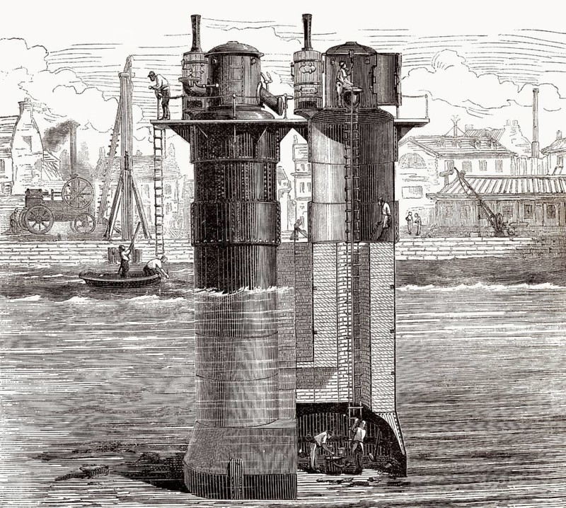 Construction of the Tay Rail Bridge, Scotland, with a caisson, Triger process, before the Tay Bridge disaster, 1879
