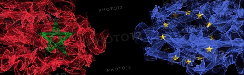 Flags of Morocco and EU on Black background, Morocco vs Europe Union Smoke Flags