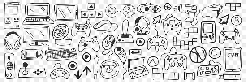 Various smart gadgets doodle set. Collection of hand drawn computers smartphones headsets headphones screens players game console joystick and 3d glasses isolated on transparent background