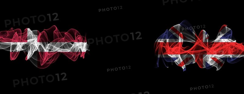 Flags of Denmark and United Kingdom on Black background, Denmark vs United Kingdom Smoke Flags