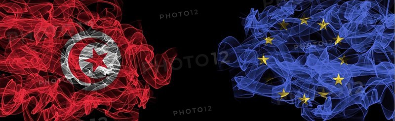 Flags of Tunisia and EU on Black background, Tunisia vs Europe Union Smoke Flags