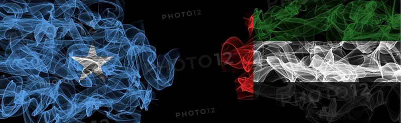 Flags of Somalia and UAE on Black background, Somalia vs United Arab Emirates Smoke Flags