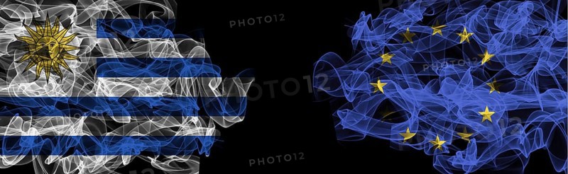 Flags of Uruguay and EU on Black background, Uruguay vs Europe Union Smoke Flags