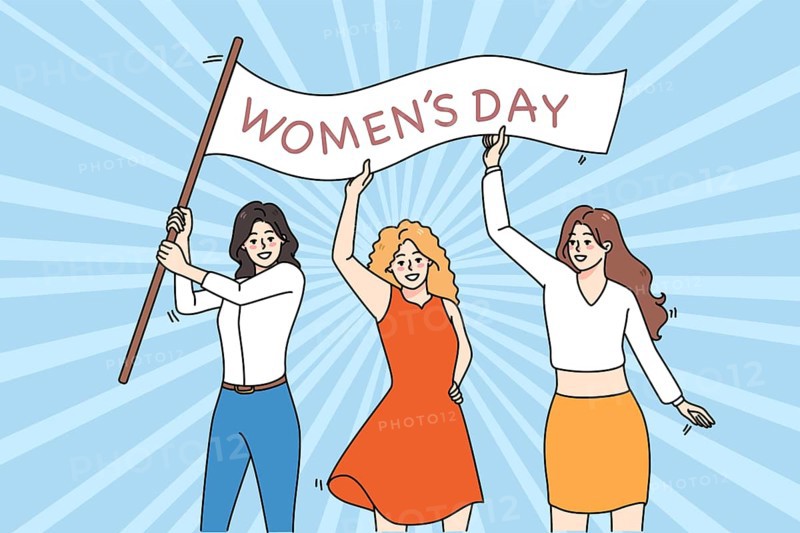 Smiling diverse women with banner for international woman day celebrate together. Happy female activists fight for feminist rights and equality. Feminism and girl power. illustration