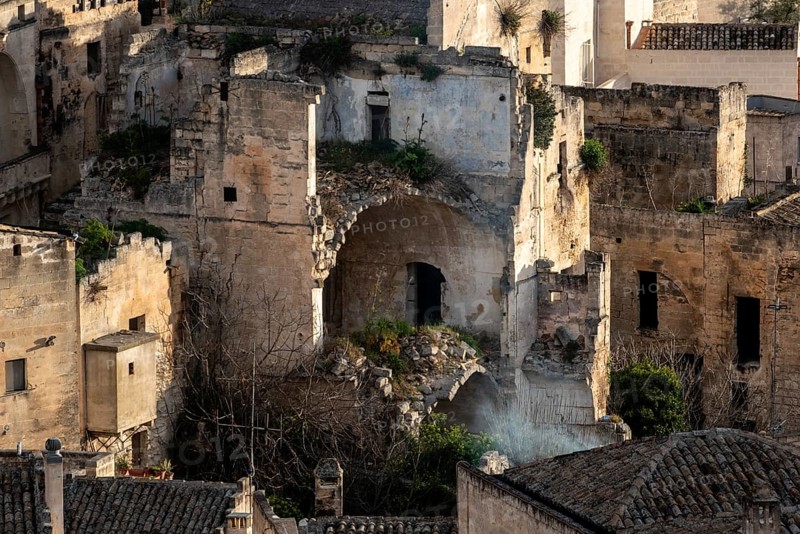 Abandoned ruins of residential cave houses in downtown Matera, Southern Italy