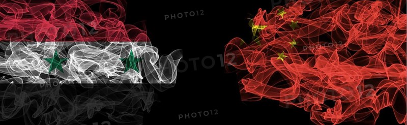 Flags of Syria and China on Black background, Syria vs China Smoke Flags