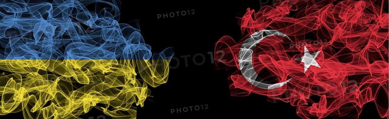Flags of Ukraine and Turkey on Black background, Ukraine vs Turkey Smoke Flags