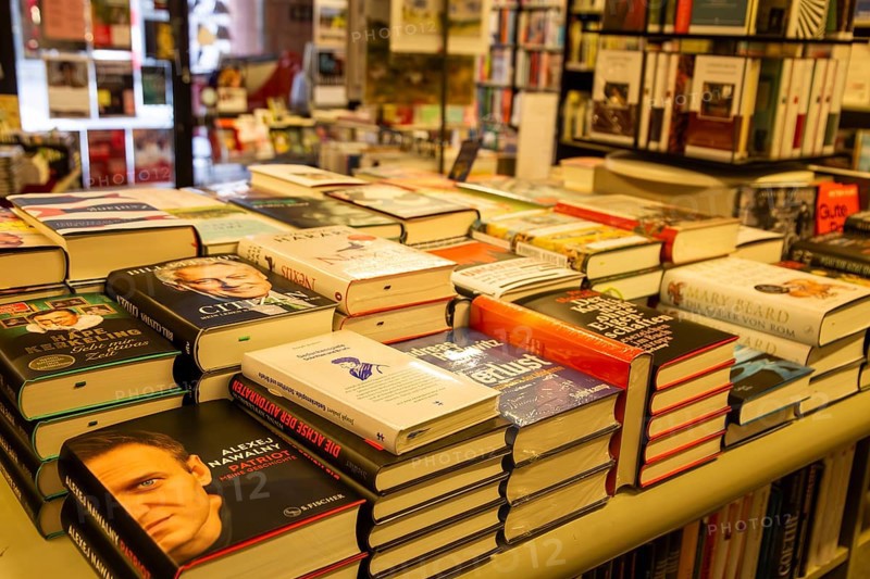 Close-up of books in a bookshop in Mannheim