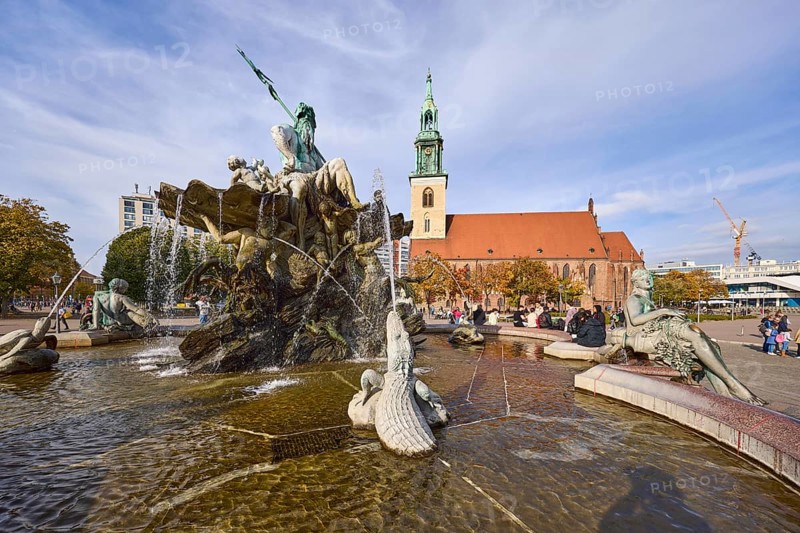 Neptune Fountain and St Mary's Church in Berlin, capital city, independent city, federal state of Berlin, Germany, Europe